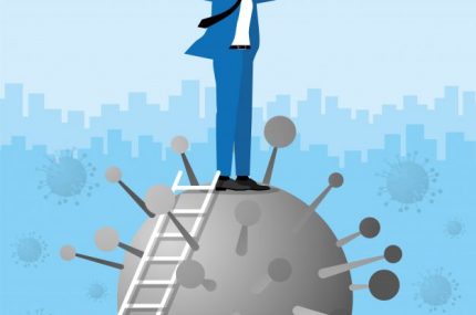 Business Vision concept. Businessman climb up the ladder standing over the virus COVID-19 coronavirus. Using binoculars for searching a new hope opportunity. Vector Illustration flat style.
